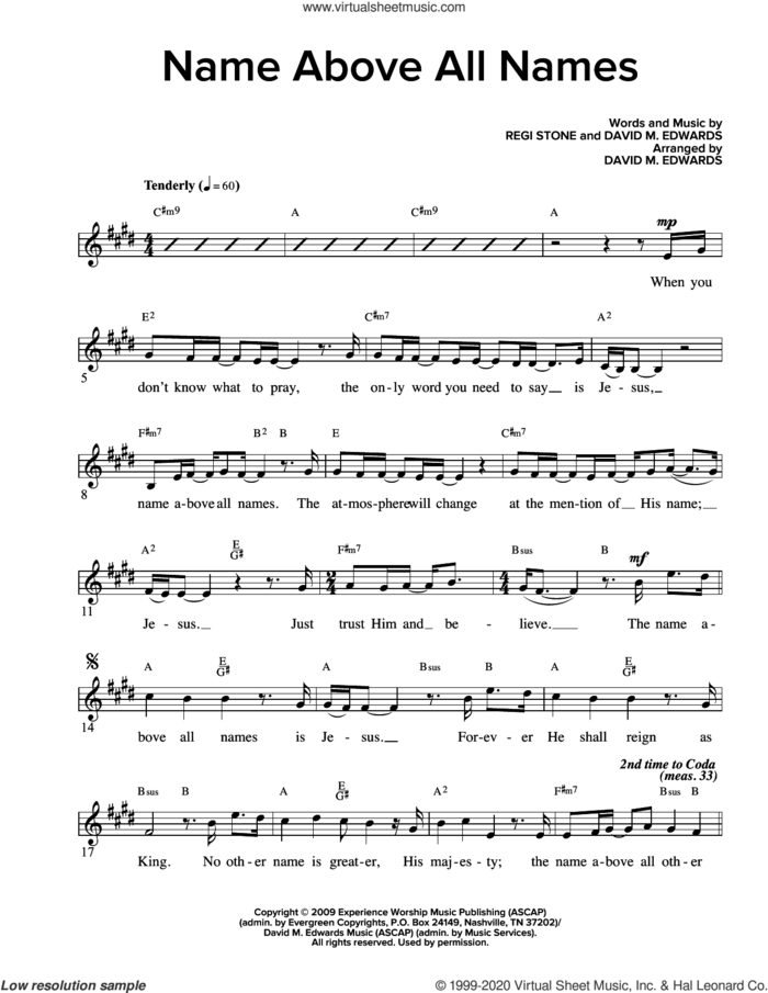 Name Above All Names (arr. David M. Edwards) sheet music for voice and other instruments (fake book) by Regi Stone, David M. Edwards and Regi Stone and David M. Edwards, intermediate skill level