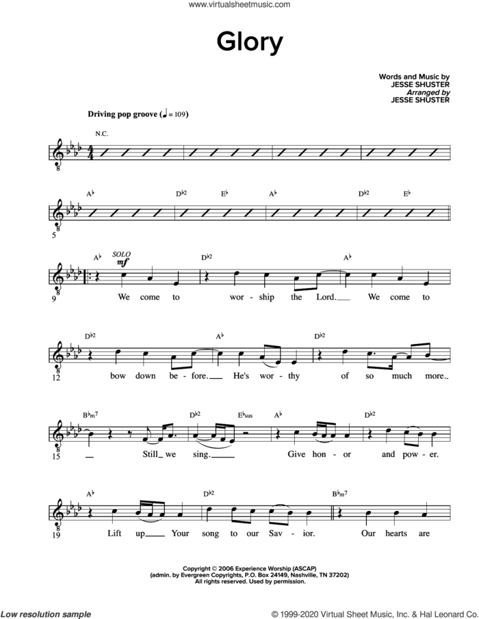 Glory sheet music for voice and other instruments (fake book) by Jesse Shuster, intermediate skill level