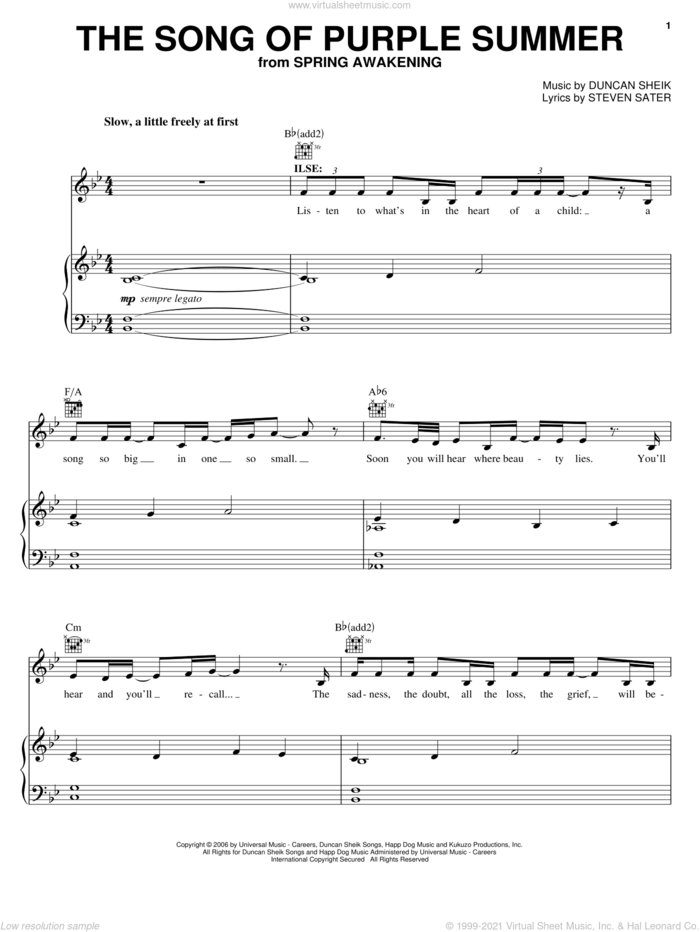 The Song Of Purple Summer sheet music for voice, piano or guitar by Duncan Sheik, Spring Awakening (Musical) and Steven Sater, intermediate skill level