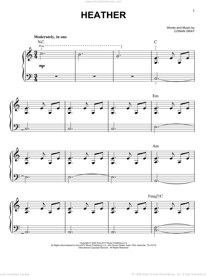 Heather sheet music for piano solo by Conan Gray, easy skill level