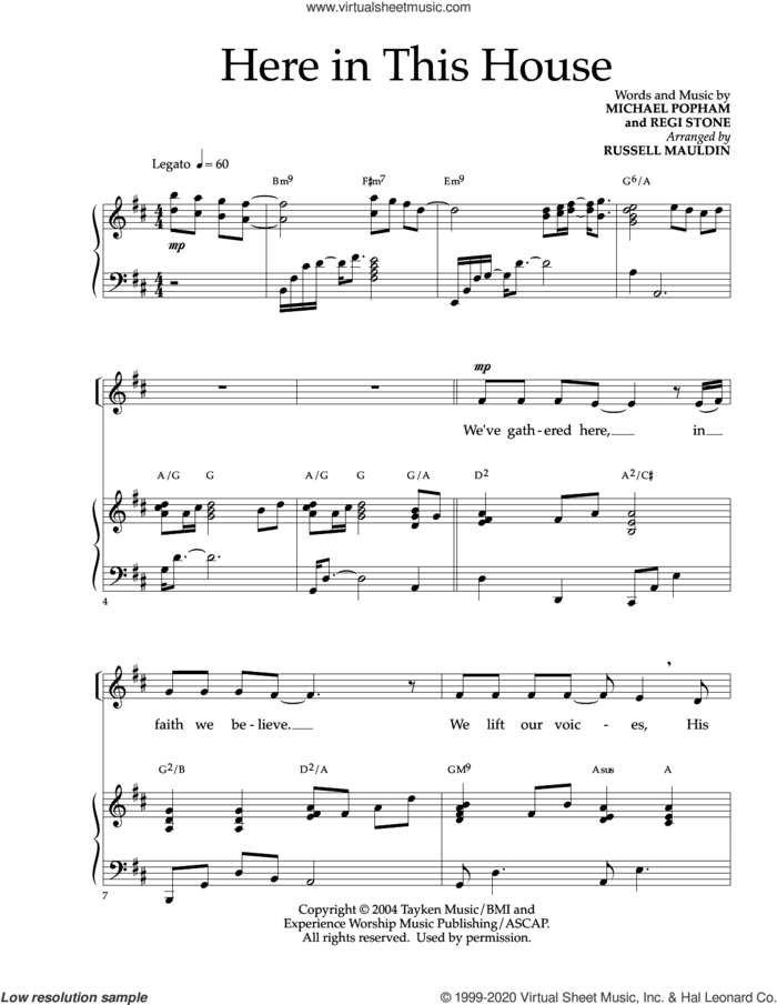 Here In This House (arr. Russell Mauldin) sheet music for voice and piano by Regi Stone, Russell Mauldin, Michael Popham and Michael Popham and Regi Stone, intermediate skill level