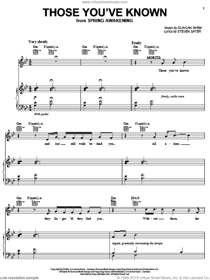 Those You've Known sheet music for voice, piano or guitar by Duncan Sheik, Spring Awakening (Musical) and Steven Sater, intermediate skill level