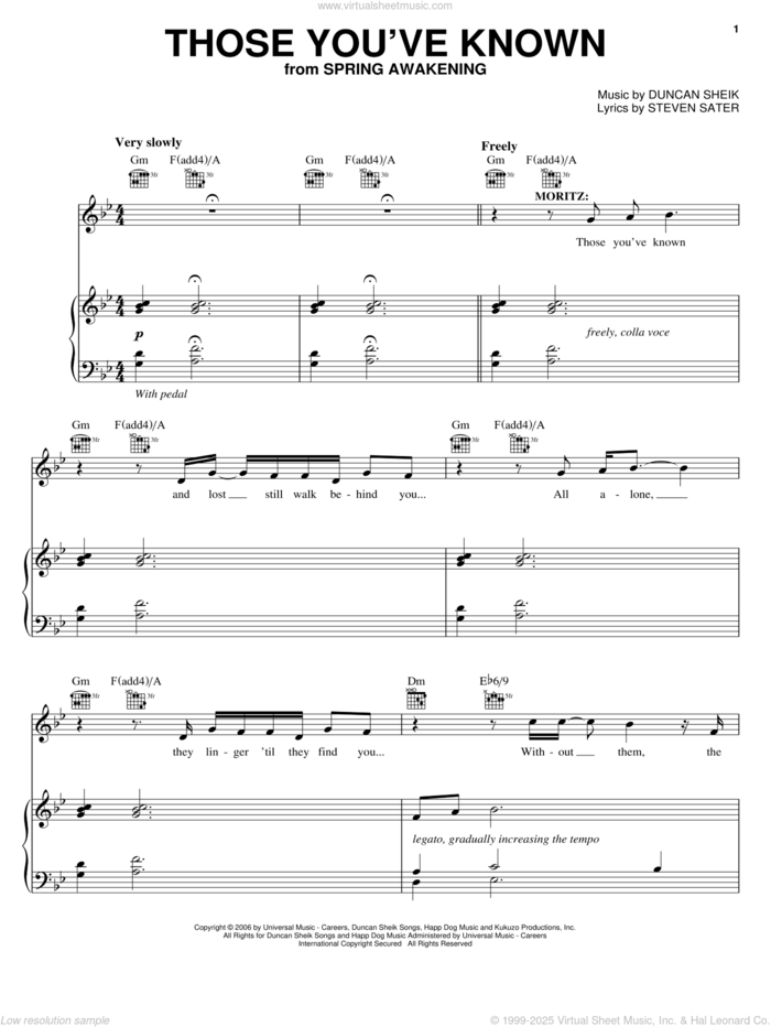 Those You've Known sheet music for voice, piano or guitar by Duncan Sheik, Spring Awakening (Musical) and Steven Sater, intermediate skill level