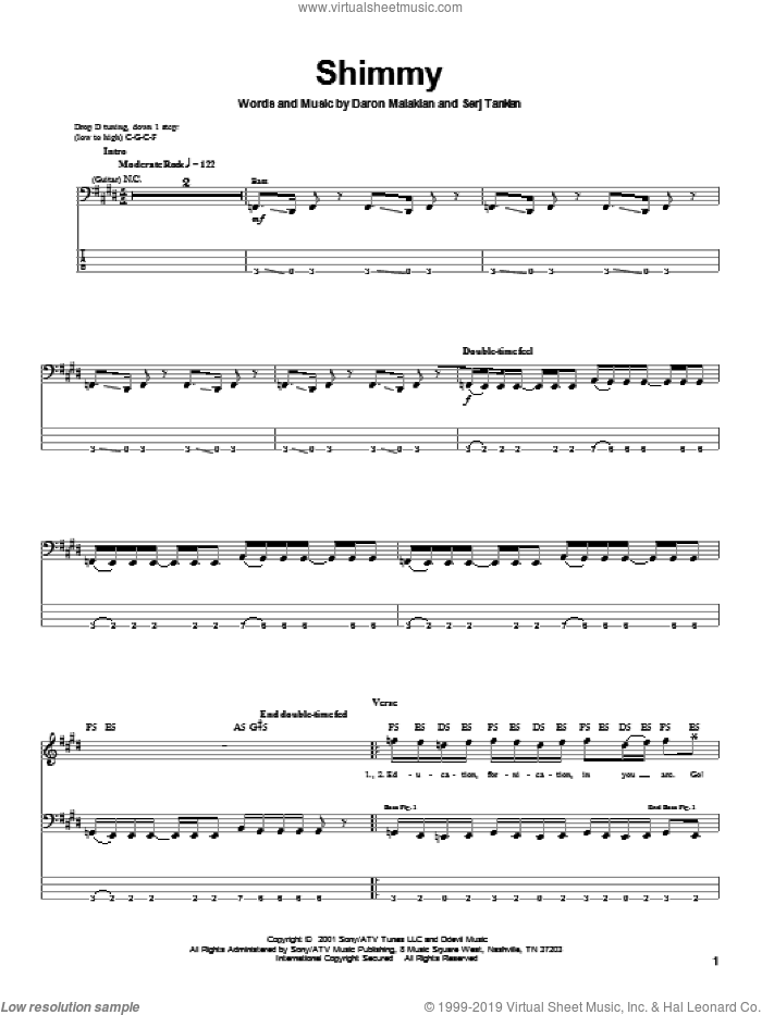 Shimmy sheet music for bass (tablature) (bass guitar) by System Of A Down, Daron Malakian and Serj Tankian, intermediate skill level