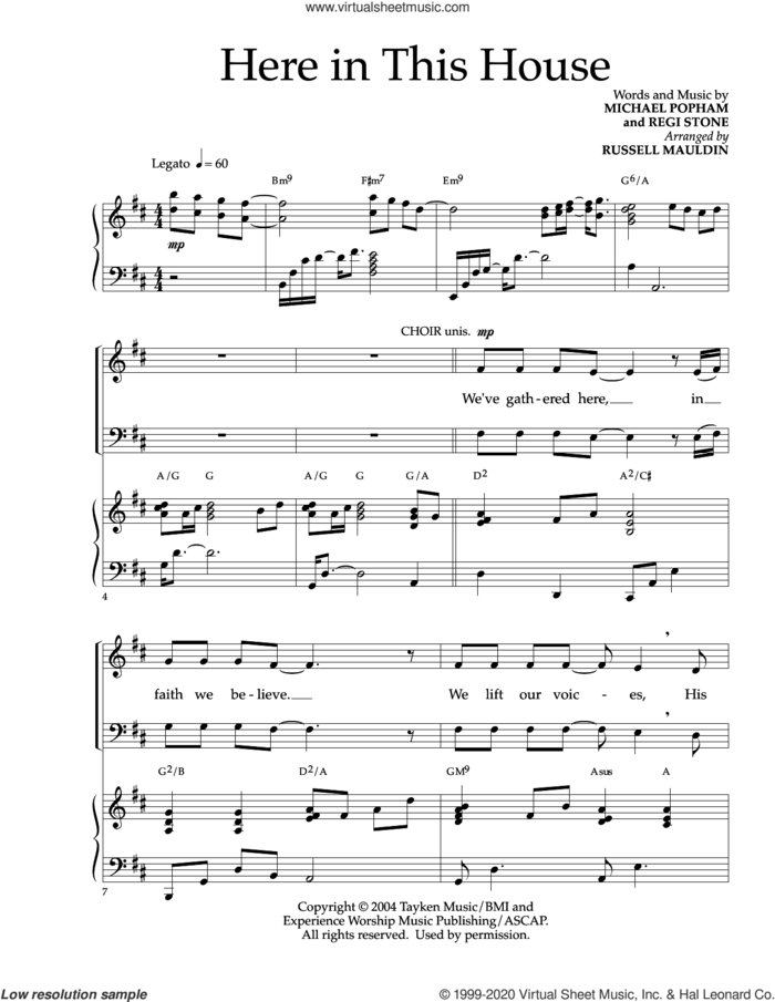 Here In This House (arr. Russell Mauldin) sheet music for choir (SATB: soprano, alto, tenor, bass) by Regi Stone, Russell Mauldin, Michael Popham and Michael Popham and Regi Stone, intermediate skill level