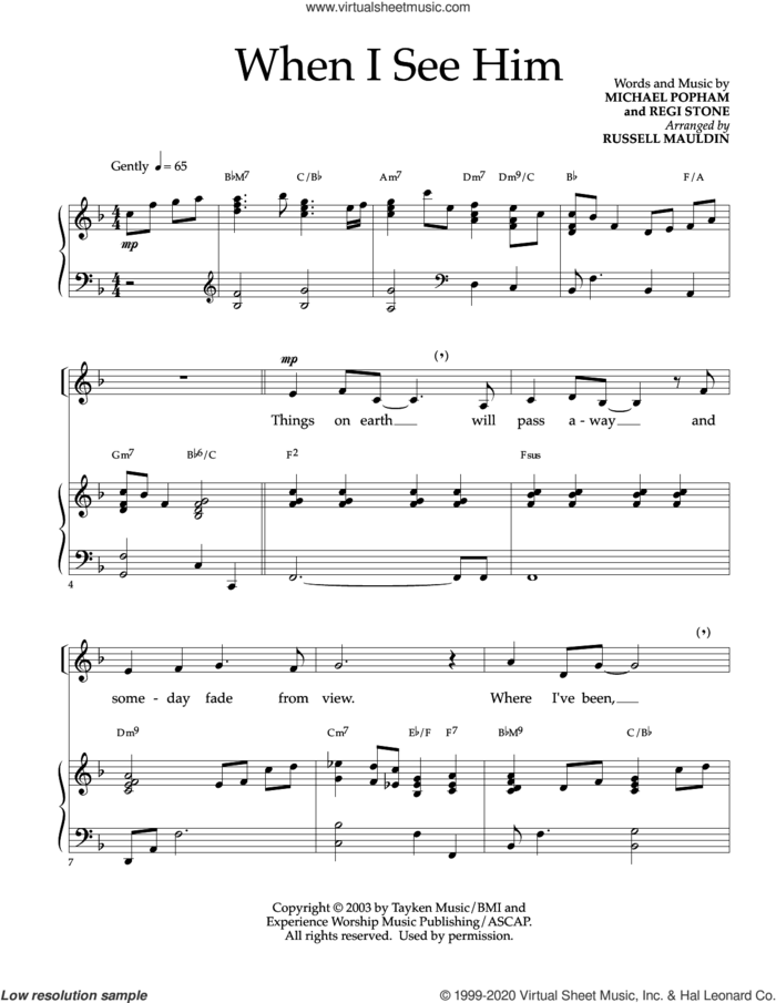 When I See Him (arr. Russell Mauldin) sheet music for voice and piano by Regi Stone, Russell Mauldin, Michael Popham and Michael Popham and Regi Stone, intermediate skill level