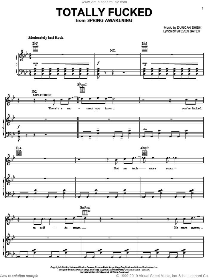 Totally Fucked sheet music for voice, piano or guitar by Duncan Sheik, Spring Awakening (Musical) and Steven Sater, intermediate skill level
