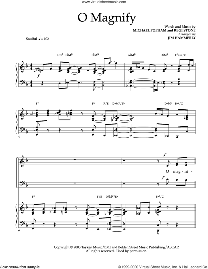 O Magnify (arr. Jim Hammerly) sheet music for choir (SATB: soprano, alto, tenor, bass) by Regi Stone, Jim Hammerly, Michael Popham and Michael Popham and Regi Stone, intermediate skill level