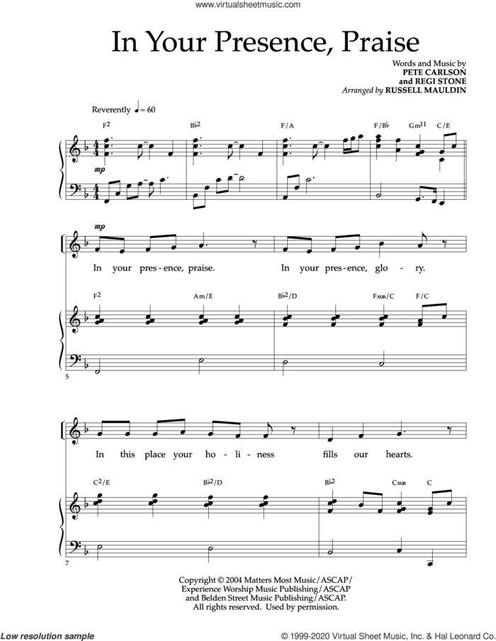 In Your Presence, Praise (arr. Russell Mauldin) sheet music for voice and piano by Regi Stone, Russell Mauldin, Pete Carlson and Pete Carlson and Regi Stone, intermediate skill level