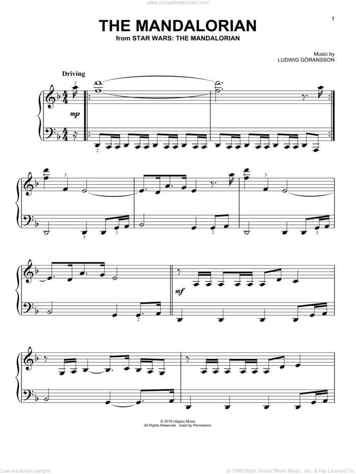 The Mandalorian (from Star Wars: The Mandalorian), (easy) sheet music for piano solo by Ludwig Göransson, easy skill level
