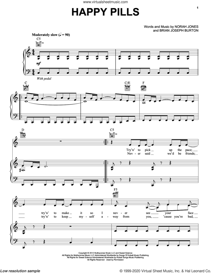 Happy Pills sheet music for voice, piano or guitar by Norah Jones and Brian Joseph Burton, intermediate skill level