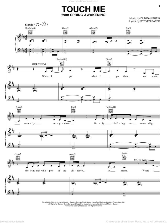 Touch Me sheet music for voice, piano or guitar by Duncan Sheik, Spring Awakening (Musical) and Steven Sater, intermediate skill level