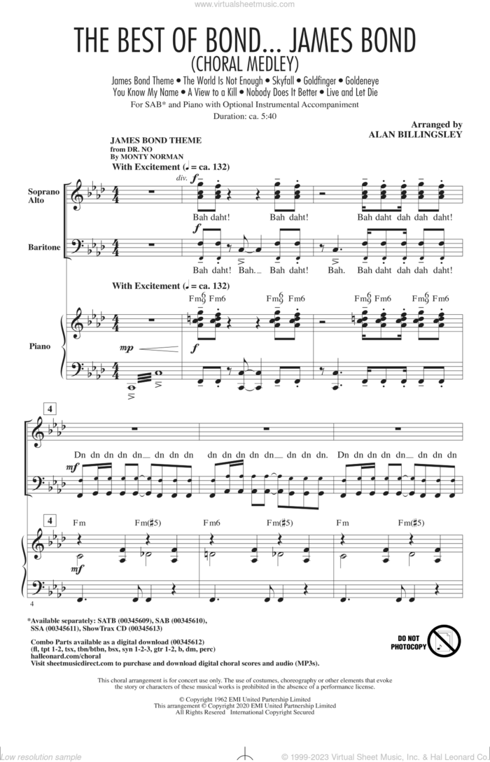 The Best of Bond... James Bond (Choral Medley) sheet music for choir (SAB: soprano, alto, bass) by Alan Billingsley, intermediate skill level