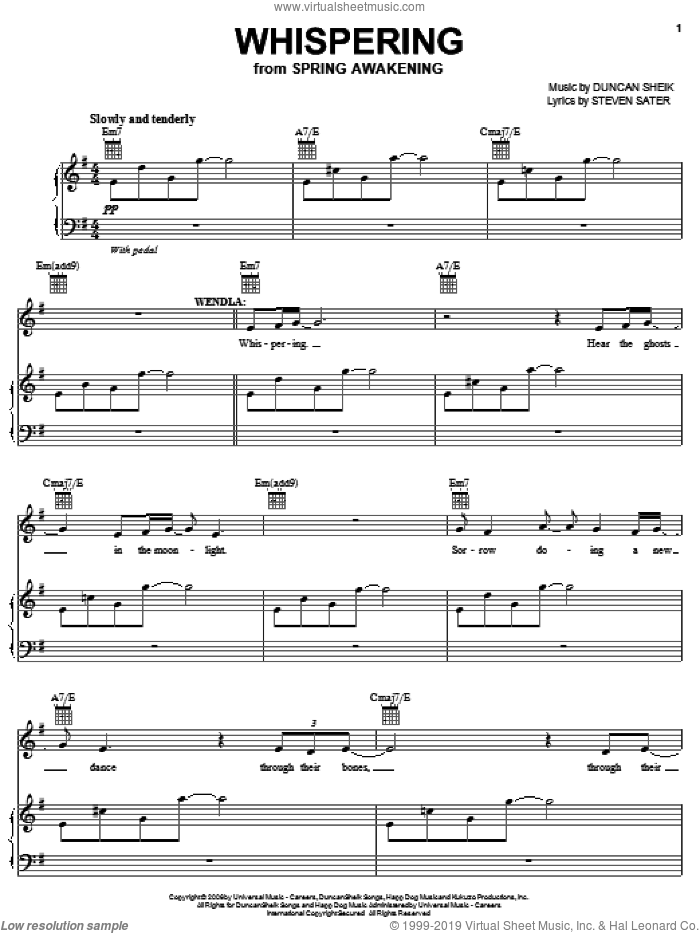 Whispering sheet music for voice, piano or guitar by Duncan Sheik, Spring Awakening (Musical) and Steven Sater, intermediate skill level