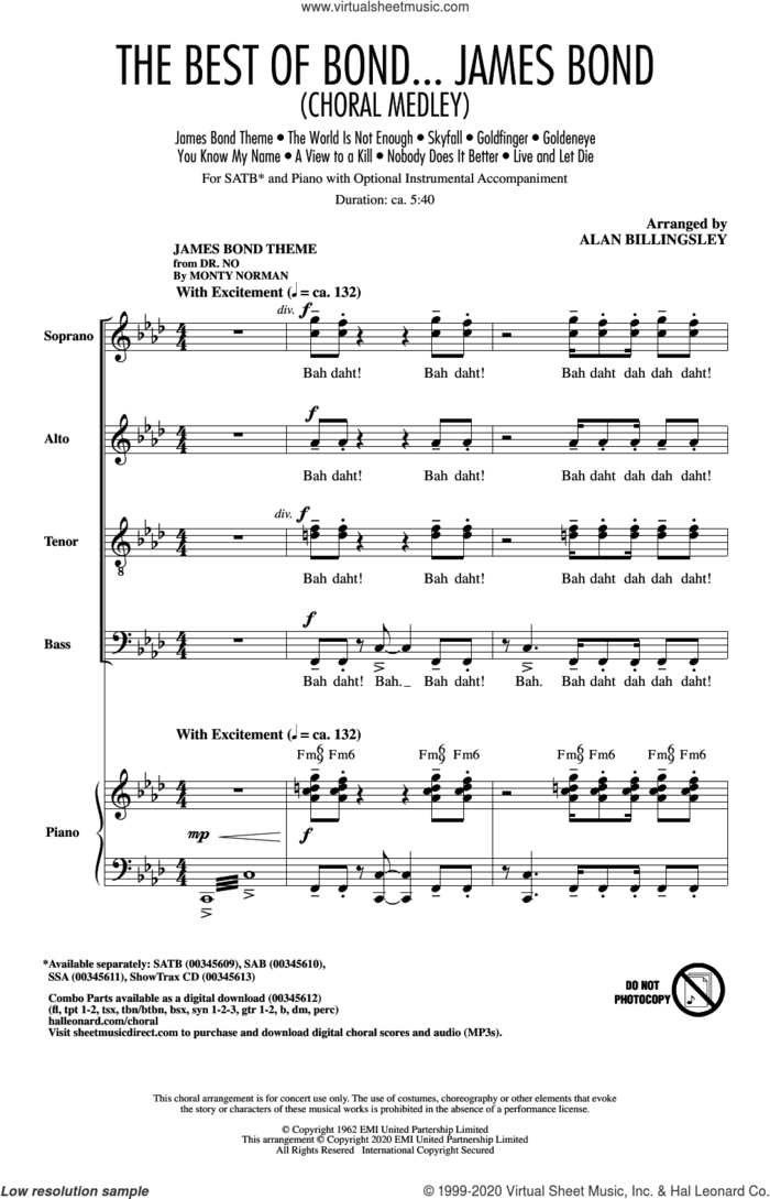 The Best of Bond... James Bond (Choral Medley) sheet music for choir (SATB: soprano, alto, tenor, bass) by Alan Billingsley, intermediate skill level