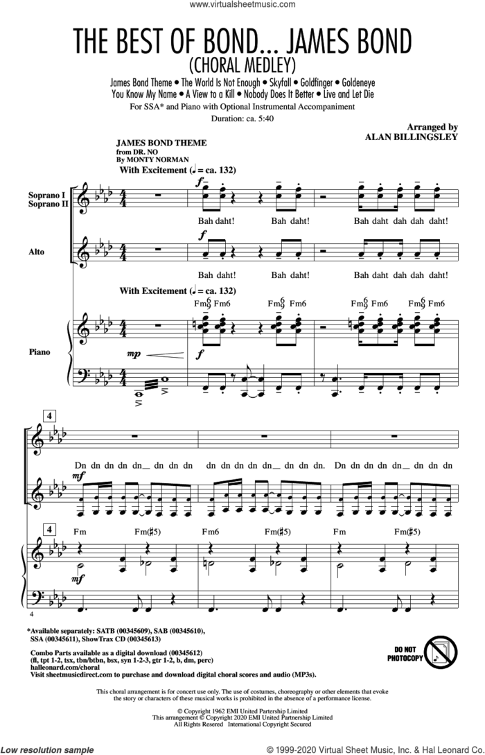 The Best of Bond... James Bond (Choral Medley) sheet music for choir (SSA: soprano, alto) by Alan Billingsley, intermediate skill level