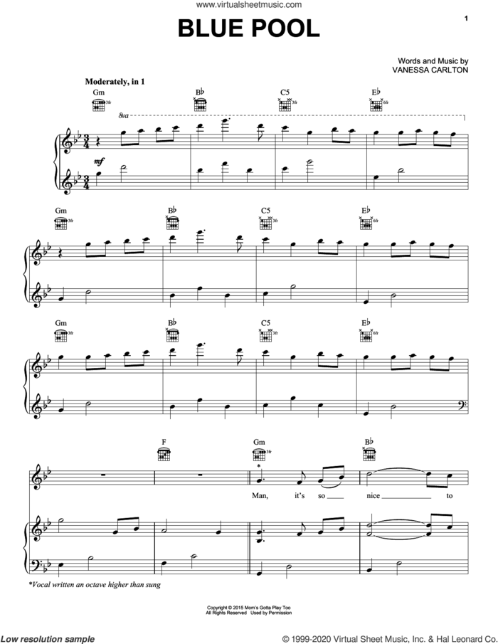 Blue Pool sheet music for voice, piano or guitar by Vanessa Carlton, intermediate skill level