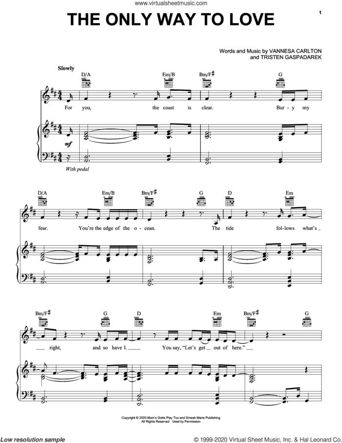 The Only Way To Love sheet music for voice, piano or guitar by Vanessa Carlton and Tristen Gaspadarek, intermediate skill level