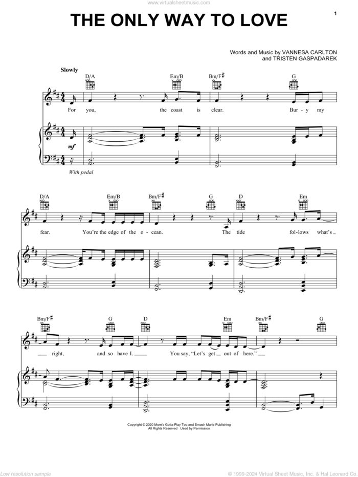The Only Way To Love sheet music for voice, piano or guitar by Vanessa Carlton and Tristen Gaspadarek, intermediate skill level