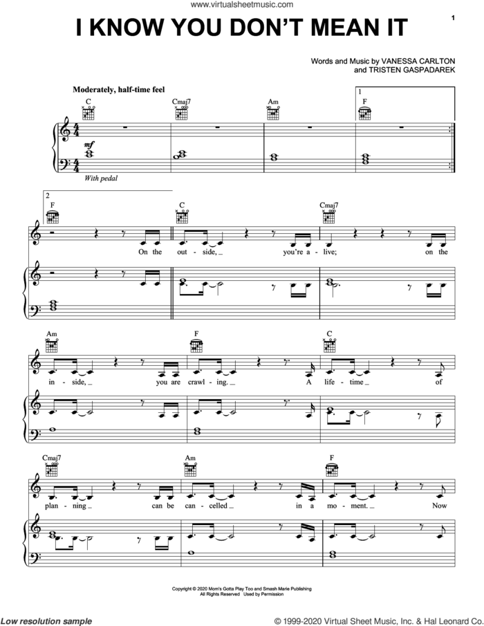 I Know You Don't Mean It sheet music for voice, piano or guitar by Vanessa Carlton and Tristen Gaspadarek, intermediate skill level