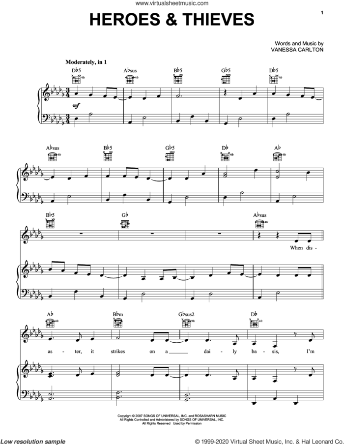 Heroes and Thieves sheet music for voice, piano or guitar by Vanessa Carlton, intermediate skill level