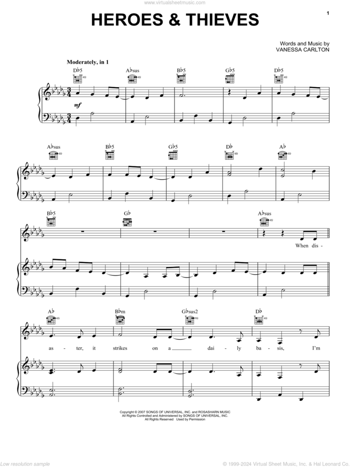 Heroes and Thieves sheet music for voice, piano or guitar by Vanessa Carlton, intermediate skill level