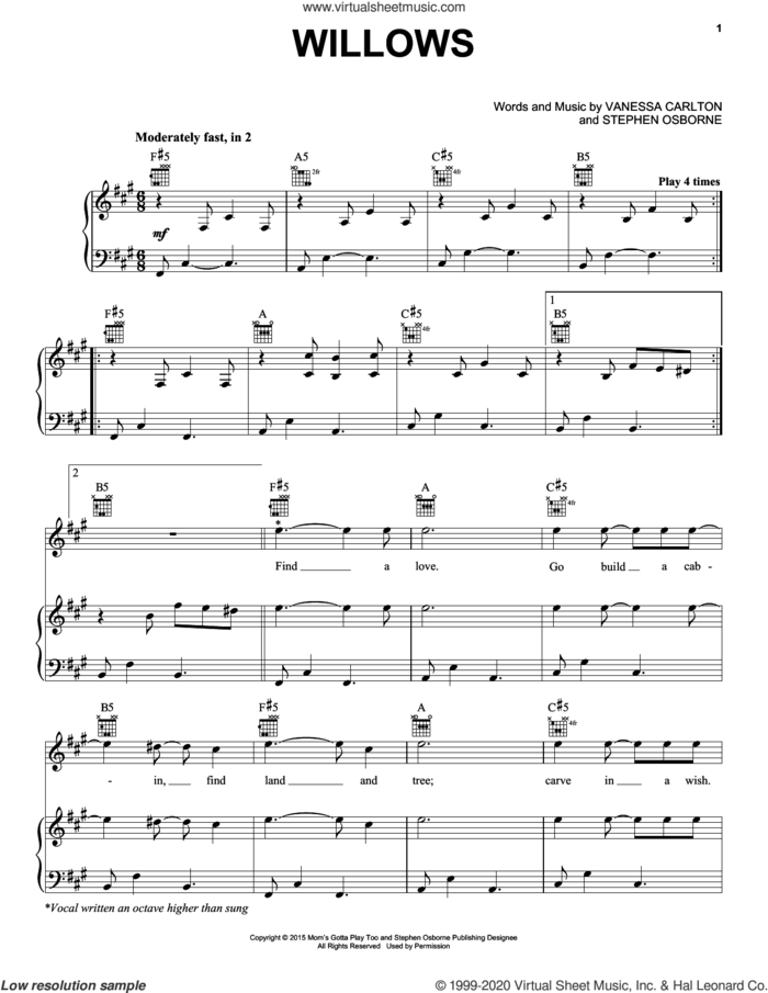 Willows sheet music for voice, piano or guitar by Vanessa Carlton and Stephen Osborne, intermediate skill level