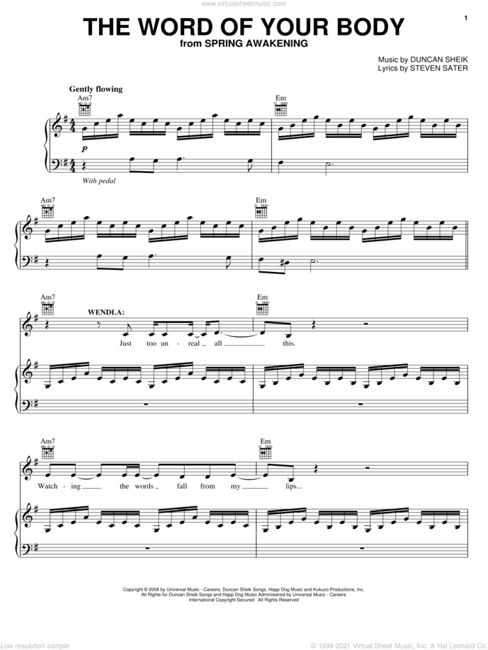 The Word Of Your Body sheet music for voice, piano or guitar by Duncan Sheik, Spring Awakening (Musical) and Steven Sater, intermediate skill level