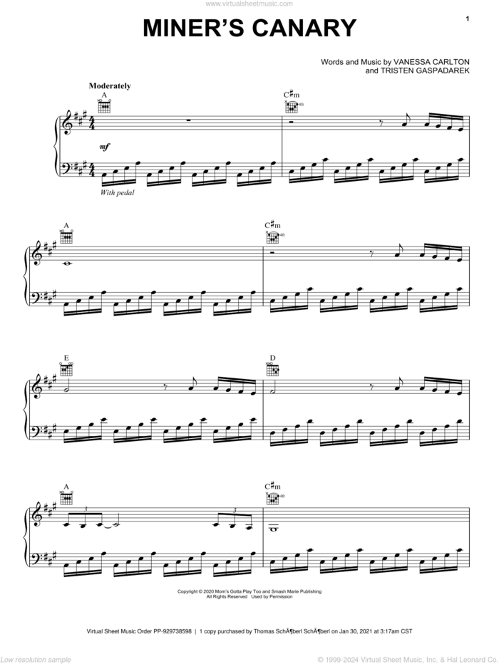 Miner's Canary sheet music for voice, piano or guitar by Vanessa Carlton and Tristen Gaspadarek, intermediate skill level