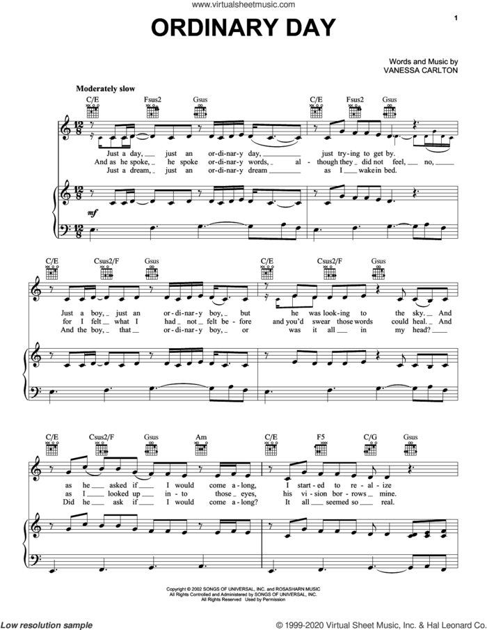 Ordinary Day sheet music for voice, piano or guitar by Vanessa Carlton, intermediate skill level