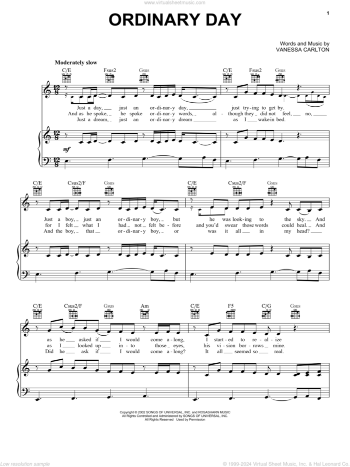 Ordinary Day sheet music for voice, piano or guitar by Vanessa Carlton, intermediate skill level