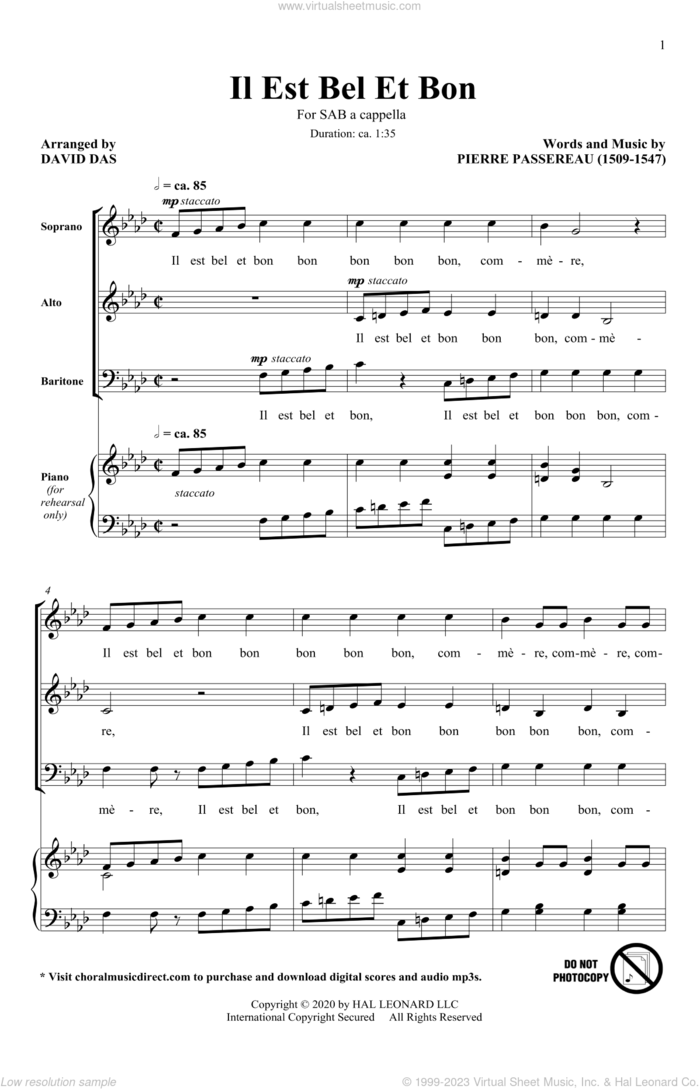 Il Est Bel Et Bon (arr. David Das) sheet music for choir (SAB: soprano, alto, bass) by Pierre Passereau and David Das, intermediate skill level