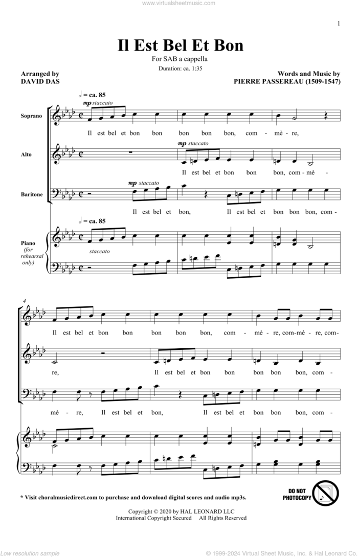 Il Est Bel Et Bon (arr. David Das) sheet music for choir (SAB: soprano, alto, bass) by Pierre Passereau and David Das, intermediate skill level