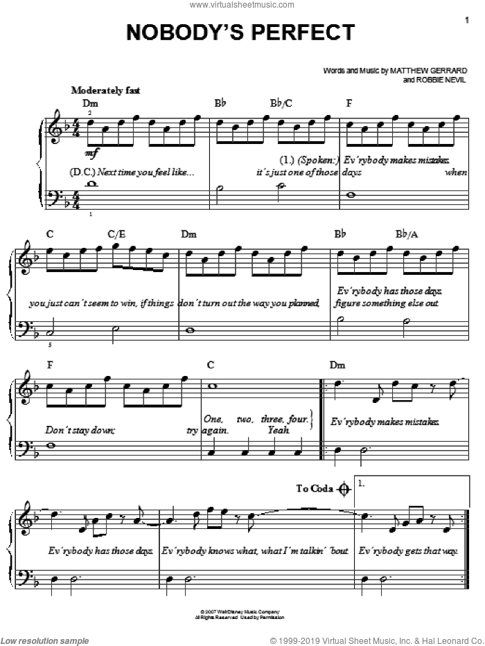 Nobody's Perfect sheet music for piano solo by Hannah Montana, Miley Cyrus, Matthew Gerrard and Robbie Nevil, easy skill level