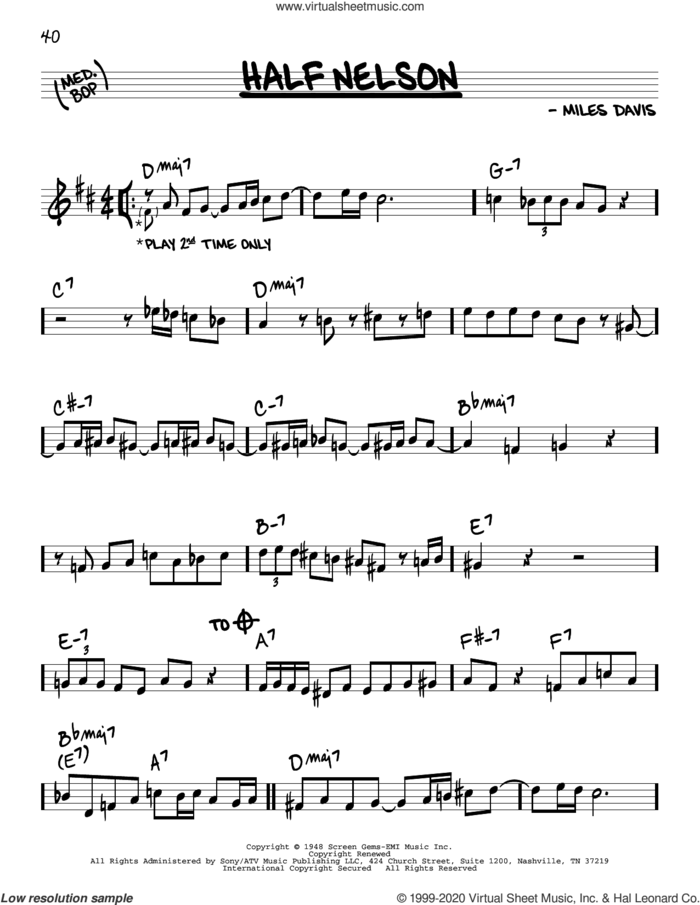 Half Nelson sheet music for voice and other instruments (real book) by Miles Davis, intermediate skill level