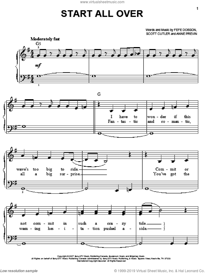Start All Over sheet music for piano solo by Hannah Montana, Miley Cyrus, Anne Previn, Fefe Dobson and Scott Cutler, easy skill level