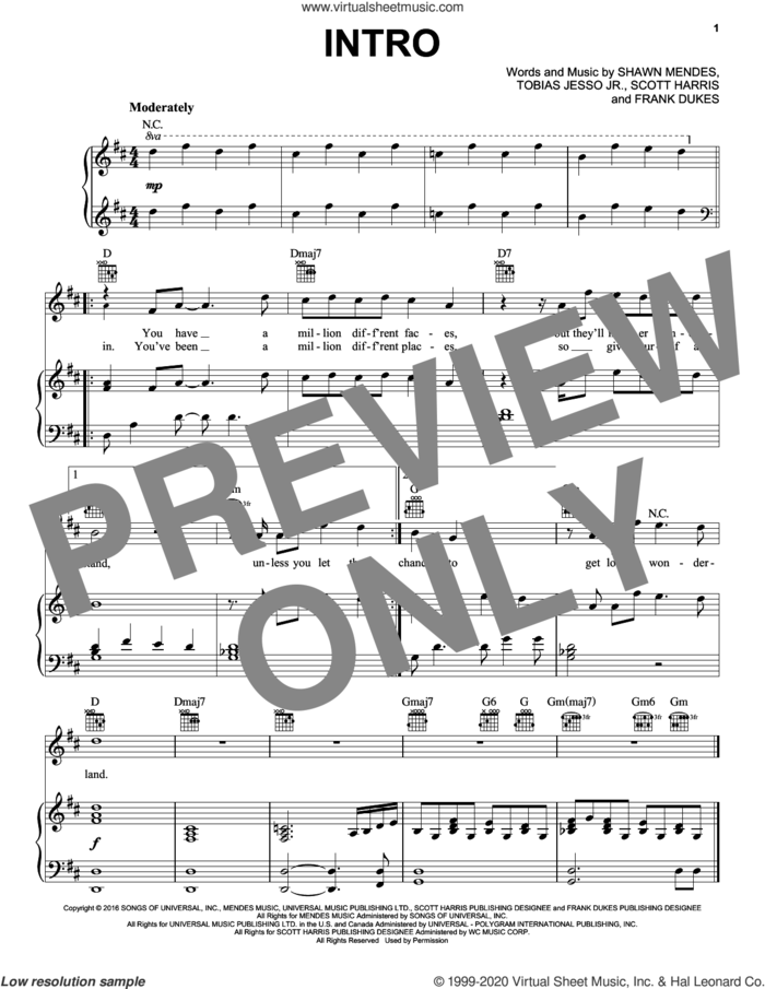 Intro sheet music for voice, piano or guitar by Shawn Mendes, Frank Dukes, Scott Harris and Tobias Jesso Jr., intermediate skill level
