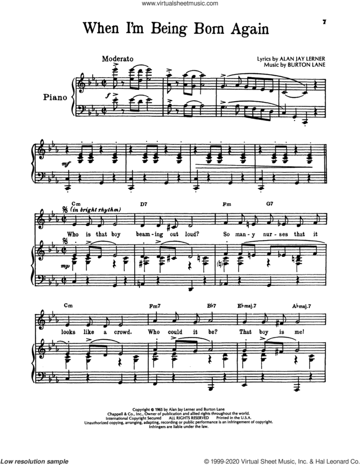When I'm Being Born Again (from On A Clear Day You Can See Forever) sheet music for voice and piano by Burton Lane, Alan Jay Lerner and Alan Jay Lerner & Burton Lane, intermediate skill level