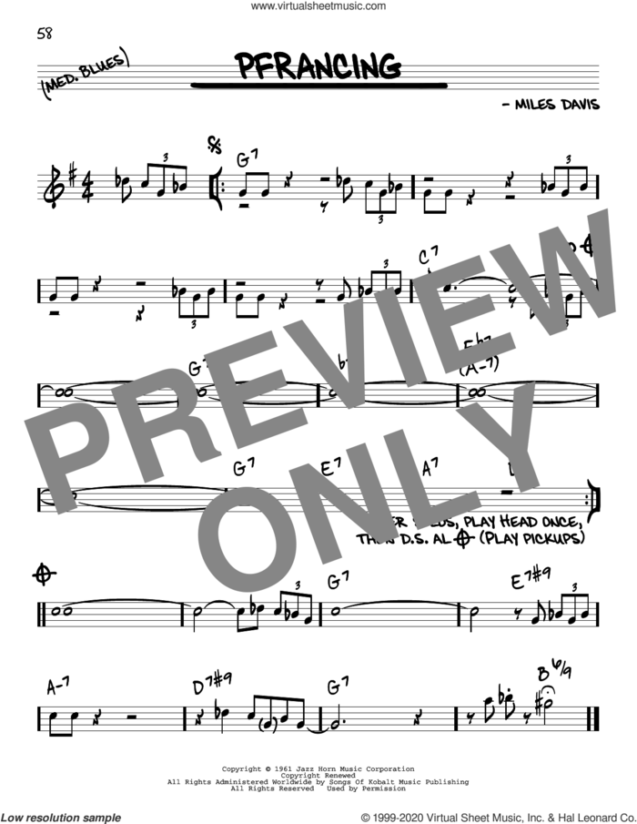 Pfrancing sheet music for voice and other instruments (real book) by Miles Davis, intermediate skill level
