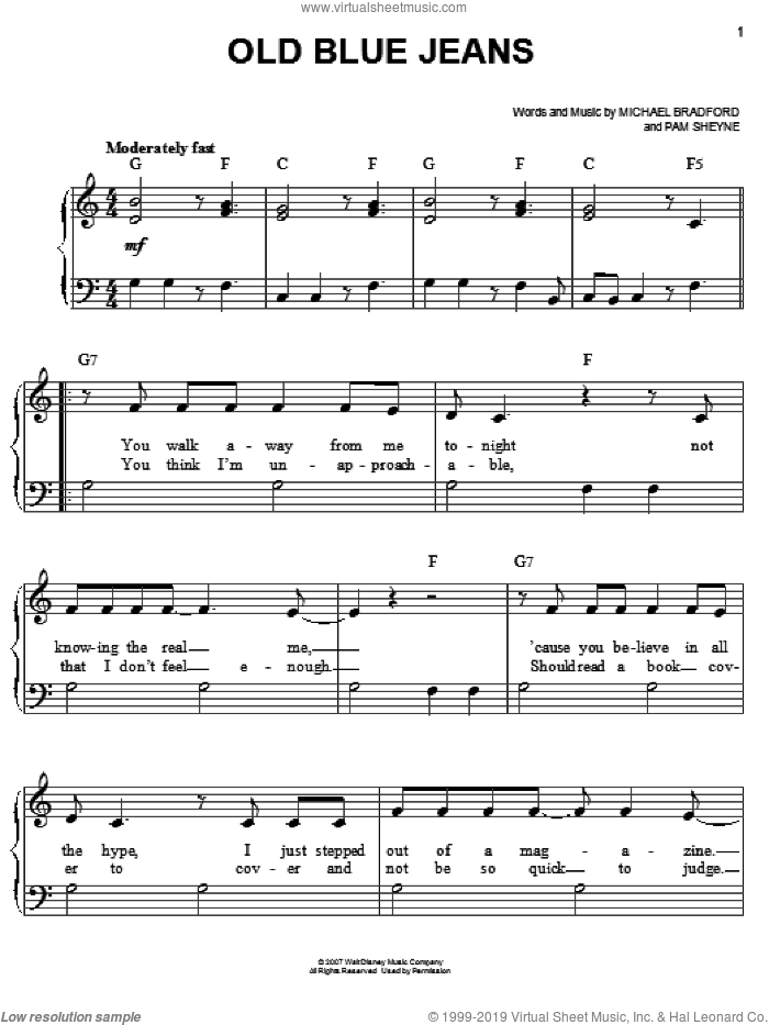 Old Blue Jeans sheet music for piano solo by Hannah Montana, Miley Cyrus, Michael Bradford and Pam Sheyne, easy skill level