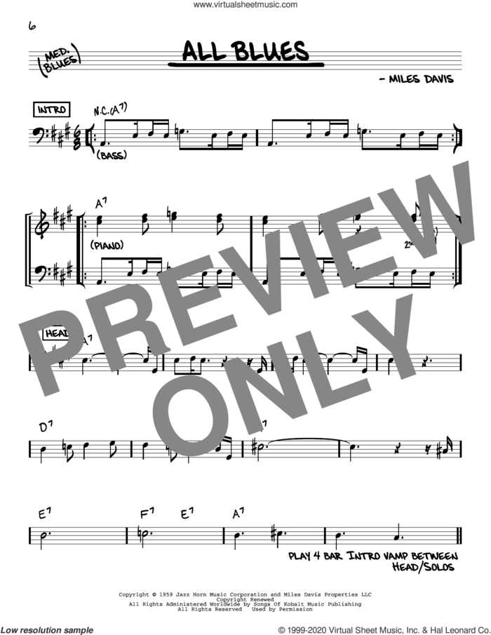 All Blues sheet music for voice and other instruments (real book) by Miles Davis and John Coltrane, intermediate skill level