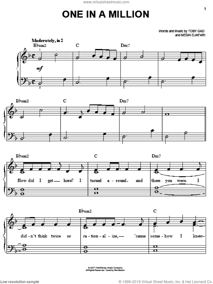 One In A Million sheet music for piano solo by Hannah Montana, Miley Cyrus, Negin Djafari and Toby Gad, easy skill level