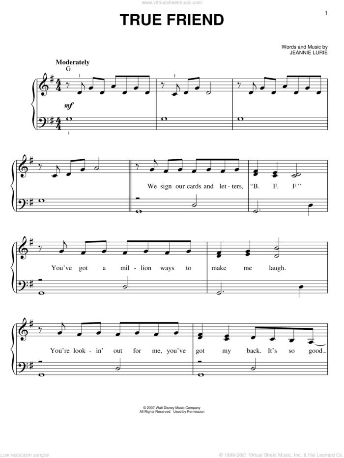 True Friend sheet music for piano solo by Hannah Montana, Miley Cyrus and Jeannie Lurie, easy skill level