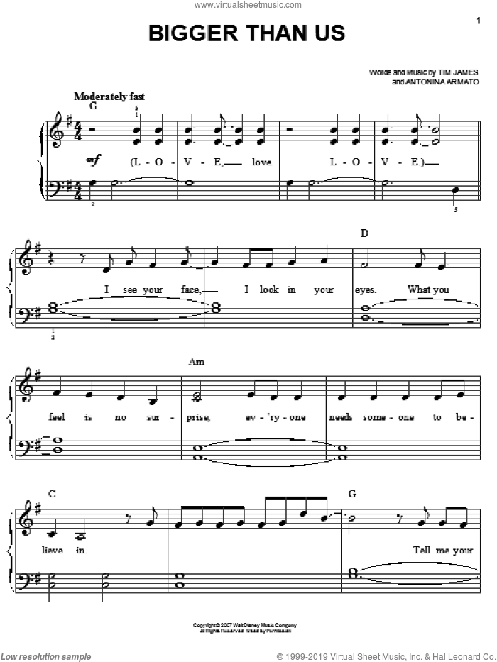 Bigger Than Us sheet music for piano solo by Hannah Montana, Miley Cyrus, Antonina Armato and Tim James, easy skill level