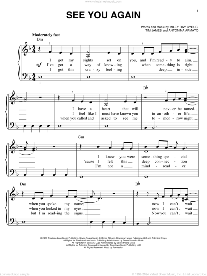 See You Again sheet music for piano solo by Miley Cyrus, Hannah Montana, Antonina Armato, Destiny Hope Cyrus and Tim James, easy skill level