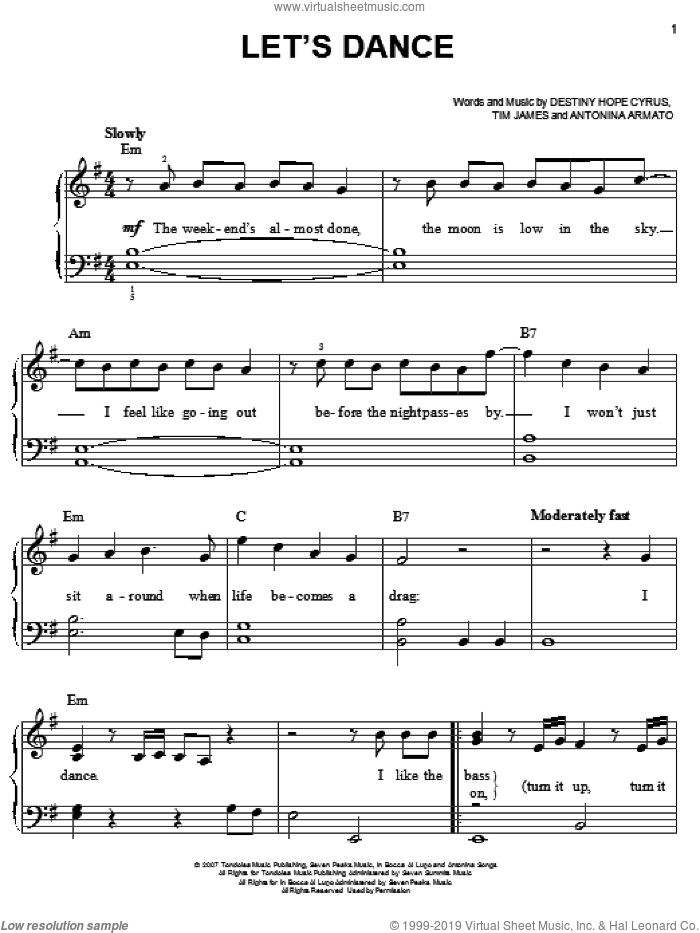 Let's Dance sheet music for piano solo by Hannah Montana, Miley Cyrus, Antonina Armato, Destiny Hope Cyrus and Tim James, easy skill level