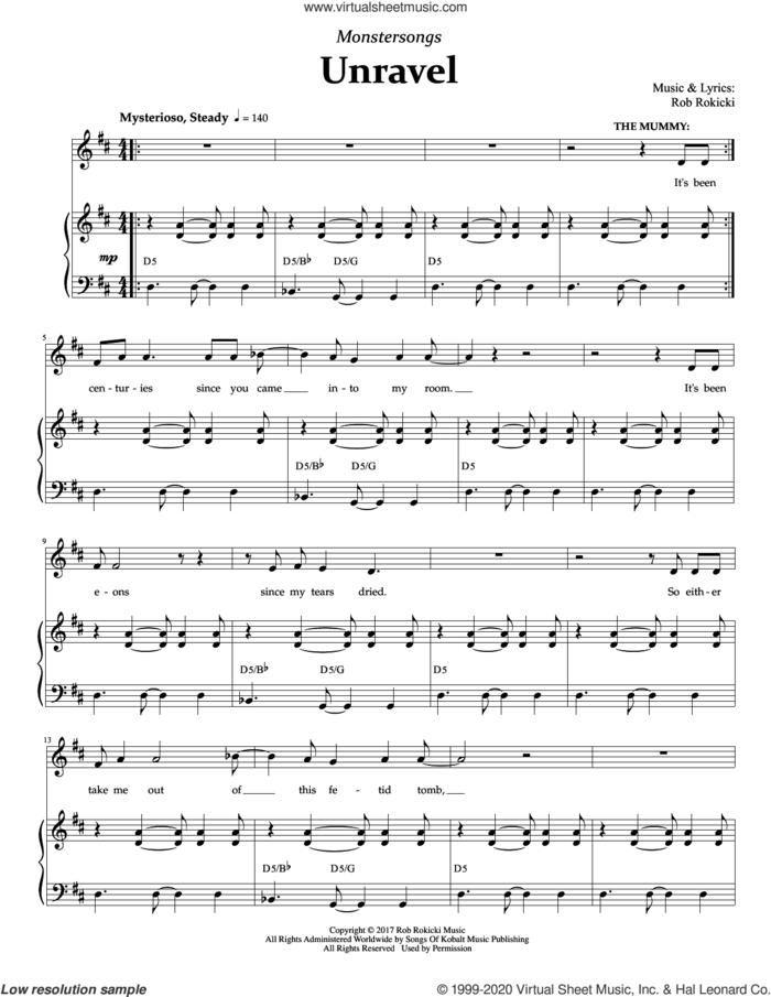 Unravel (from Monstersongs) sheet music for voice and piano by Rob Rokicki, intermediate skill level