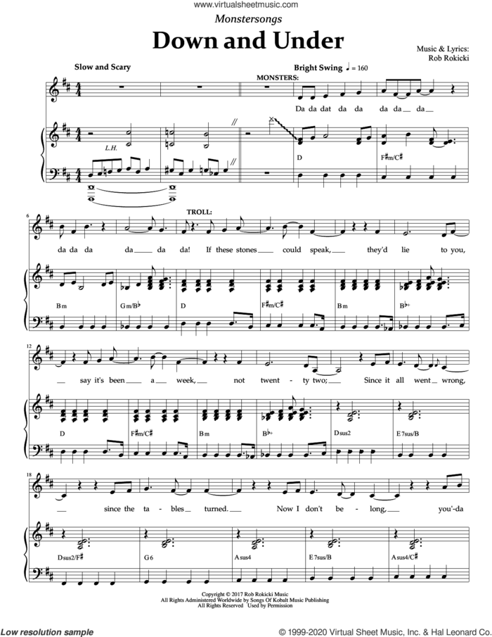 Down And Under (from Monstersongs) sheet music for voice and piano by Rob Rokicki, intermediate skill level