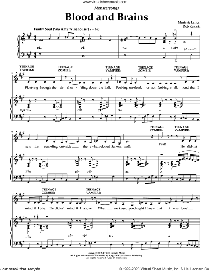 Blood And Brains (from Monstersongs) sheet music for voice and piano by Rob Rokicki, intermediate skill level