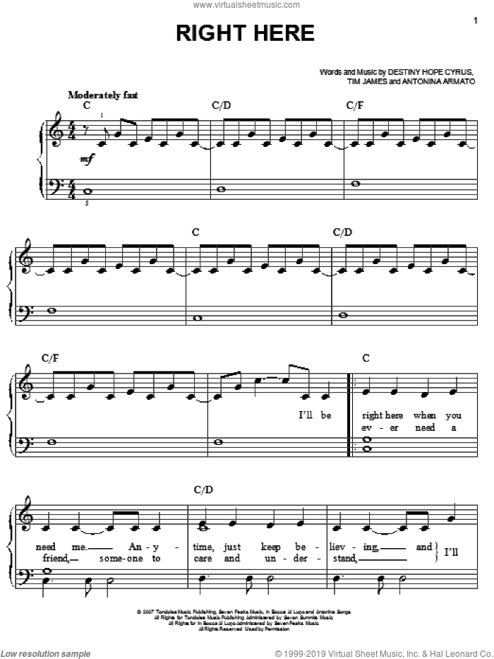 Right Here sheet music for piano solo by Hannah Montana, Miley Cyrus, Antonina Armato, Destiny Hope Cyrus and Tim James, easy skill level